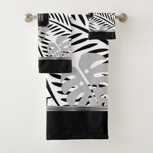 Tropical Grey and Black Palm Leaf Design Bath Towel Set