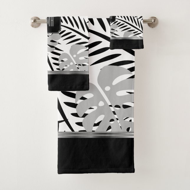 Tropical Grey and Black Palm Leaf Design Bath Towel Set (Insitu)