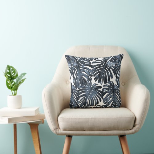 Tropical Grey Blue White Monstera Jungle Leaves Throw Pillow