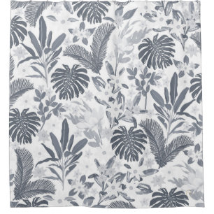 Tropical Grey Foliage Floral White Pattern Shower Curtain