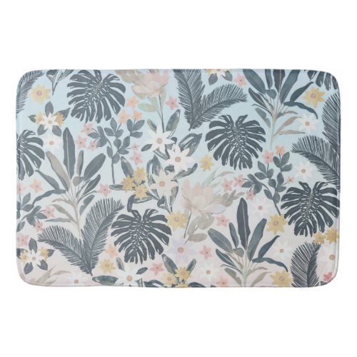 Tropical Grey Gold Foliage Floral Pattern Bath Mat