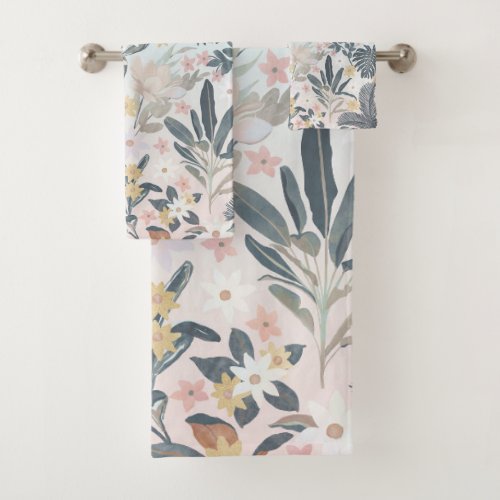 Tropical Grey Gold Foliage Floral Pattern Bath Towel Set