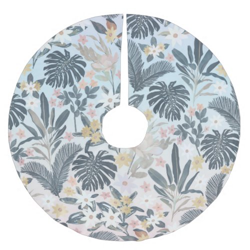 Tropical Grey Gold Foliage Floral Pattern Brushed Polyester Tree Skirt