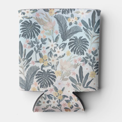 Tropical Grey Gold Foliage Floral Pattern Can Cooler