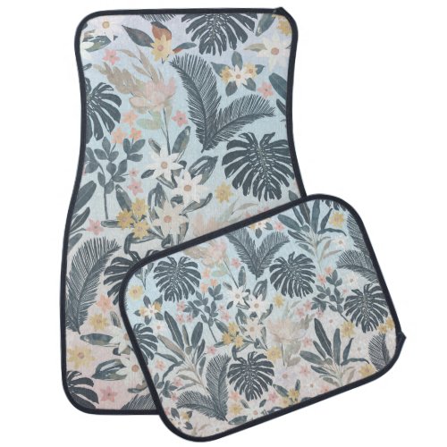 Tropical Grey Gold Foliage Floral Pattern Car Floor Mat