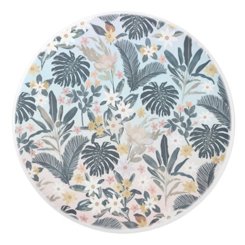 Tropical Grey Gold Foliage Floral Pattern Ceramic Knob