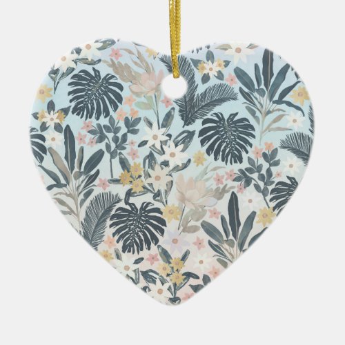 Tropical Grey Gold Foliage Floral Pattern Ceramic Ornament