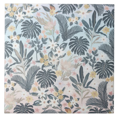 Tropical Grey Gold Foliage Floral Pattern Ceramic Tile