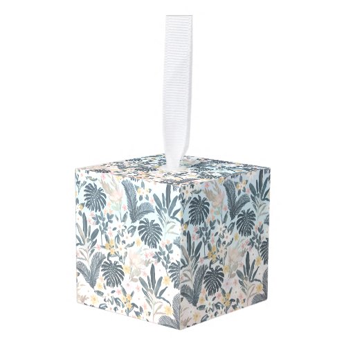 Tropical Grey Gold Foliage Floral Pattern Cube Ornament