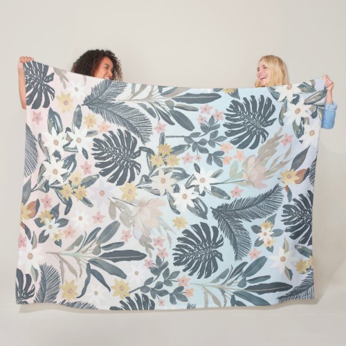 Tropical Grey Gold Foliage Floral Pattern Fleece Blanket