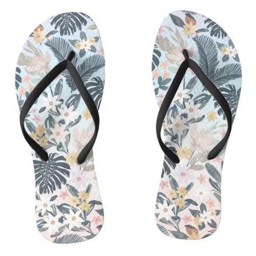 Tropical Grey Gold Foliage Floral Pattern Flip Flops