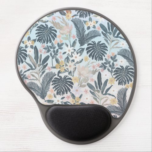 Tropical Grey Gold Foliage Floral Pattern Gel Mouse Pad