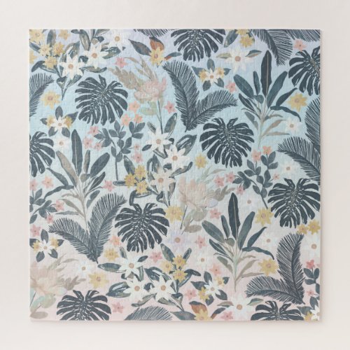 Tropical Grey Gold Foliage Floral Pattern Jigsaw Puzzle