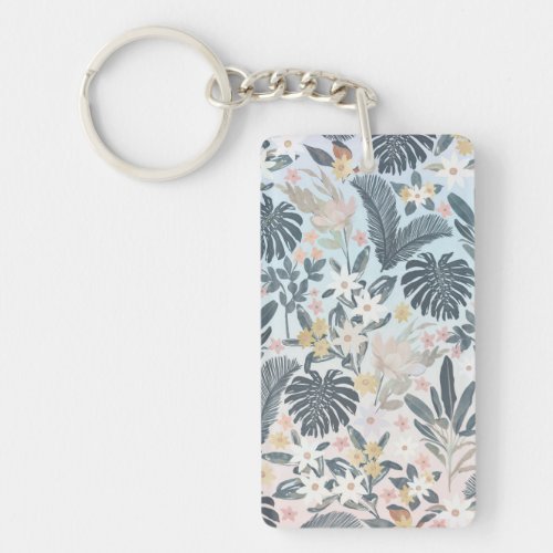 Tropical Grey Gold Foliage Floral Pattern Keychain