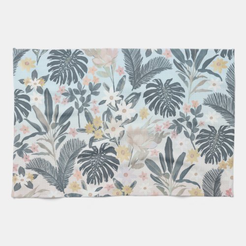 Tropical Grey Gold Foliage Floral Pattern Kitchen Towel