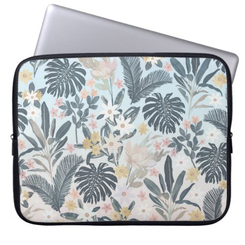 Tropical Grey Gold Foliage Floral Pattern Laptop Sleeve