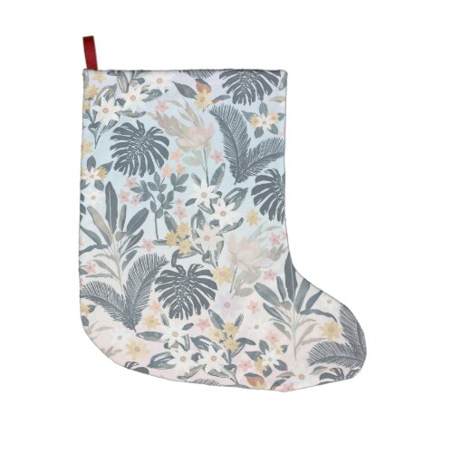Tropical Grey Gold Foliage Floral Pattern Large Christmas Stocking