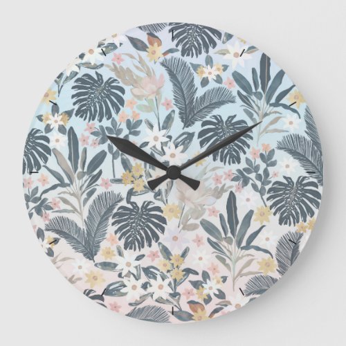 Tropical Grey Gold Foliage Floral Pattern Large Clock