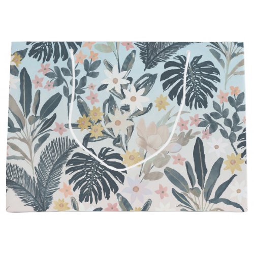 Tropical Grey Gold Foliage Floral Pattern Large Gift Bag