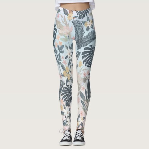 Tropical Grey Gold Foliage Floral Pattern Leggings