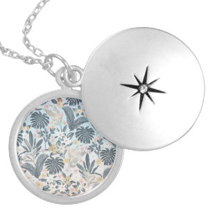 Tropical Grey Gold Foliage Floral Pattern Locket Necklace
