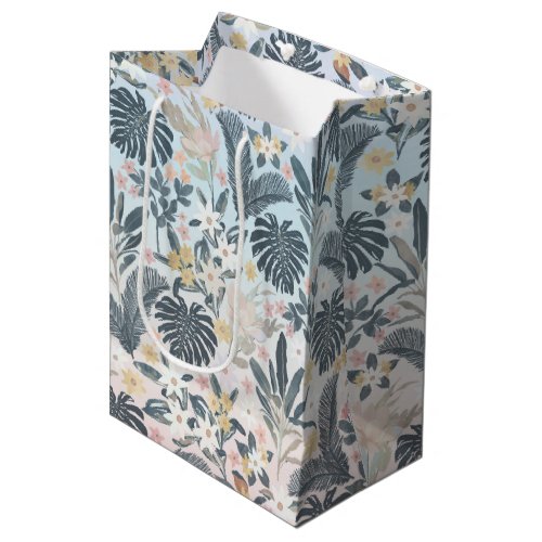 Tropical Grey Gold Foliage Floral Pattern Medium Gift Bag