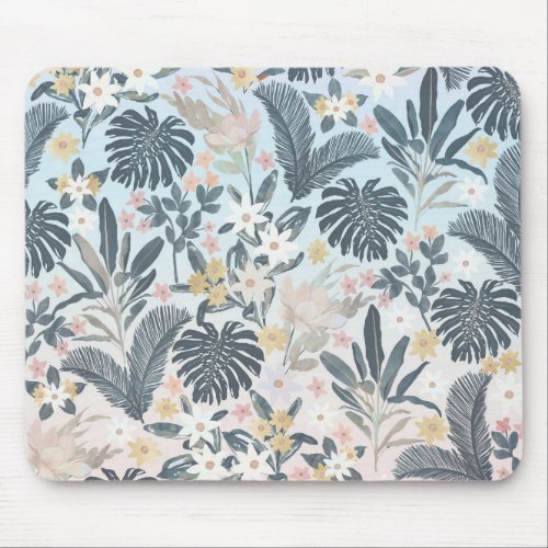 Tropical Grey Gold Foliage Floral Pattern Mouse Pad