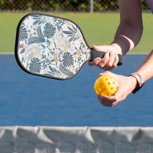 Tropical Grey Gold Foliage Floral Pattern Pickleball Paddle
