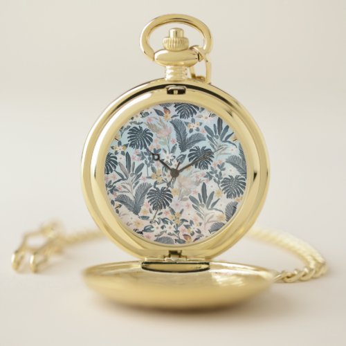 Tropical Grey Gold Foliage Floral Pattern Pocket Watch