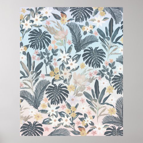 Tropical Grey Gold Foliage Floral Pattern Poster