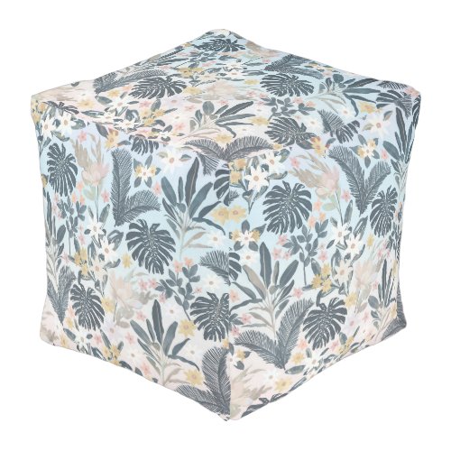 Tropical Grey Gold Foliage Floral Pattern Pouf