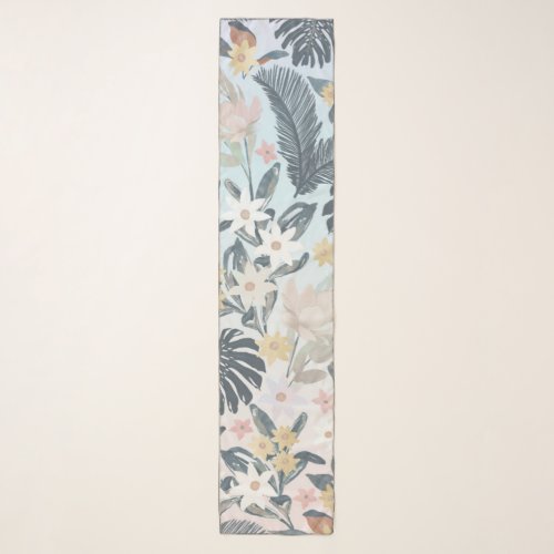 Tropical Grey Gold Foliage Floral Pattern Scarf