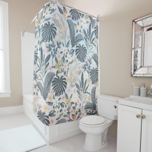 Tropical Grey Gold Foliage Floral Pattern Shower Curtain