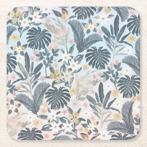 Tropical Grey Gold Foliage Floral Pattern Square Paper Coaster