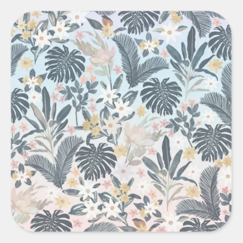 Tropical Grey Gold Foliage Floral Pattern Square Sticker