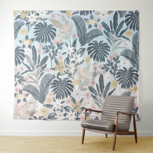 Tropical Grey Gold Foliage Floral Pattern Tapestry