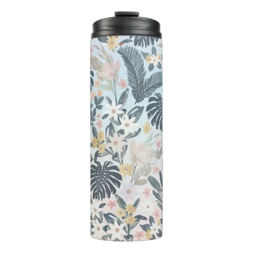 Tropical Grey Gold Foliage Floral Pattern Thermal Tumbler