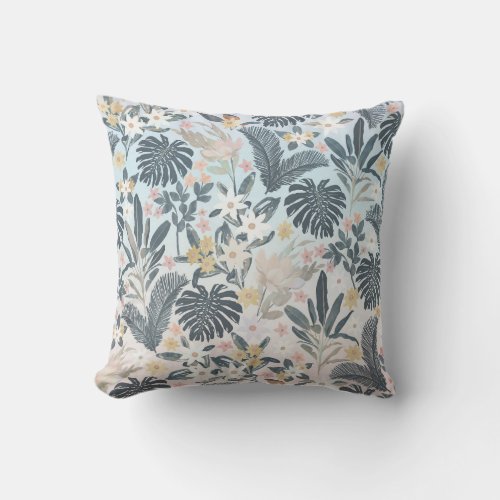 Tropical Grey Gold Foliage Floral Pattern Throw Pillow