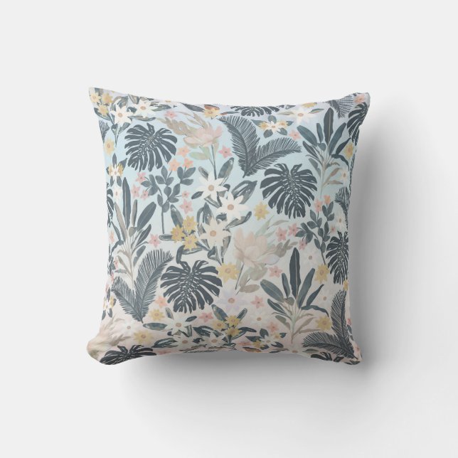 Tropical Grey Gold Foliage Floral Pattern Throw Pillow (Front)