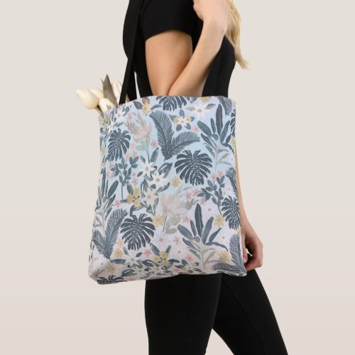 Tropical Grey Gold Foliage Floral Pattern Tote Bag