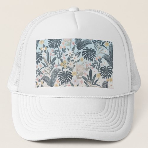 Tropical Grey Gold Foliage Floral Pattern Trucker Hat