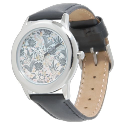 Tropical Grey Gold Foliage Floral Pattern Watch