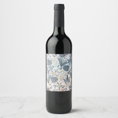 Tropical Grey Gold Foliage Floral Pattern Wine Label