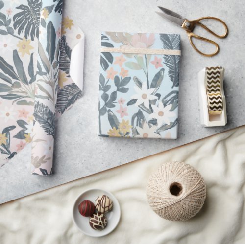 Tropical Grey Gold Foliage Floral Pattern Wrapping Paper