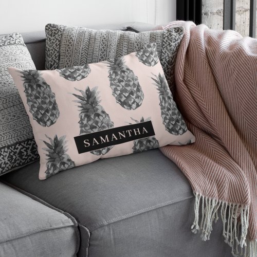 Tropical Grey  Pink Pineapple Pattern With Name Accent Pillow