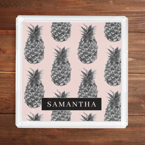 Tropical Grey  Pink Pineapple Pattern With Name Acrylic Tray
