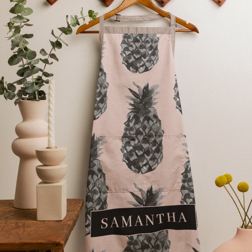 Tropical Grey  Pink Pineapple Pattern With Name Apron