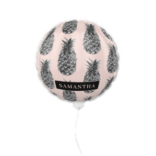 Tropical Grey & Pink Pineapple Pattern With Name Balloon
