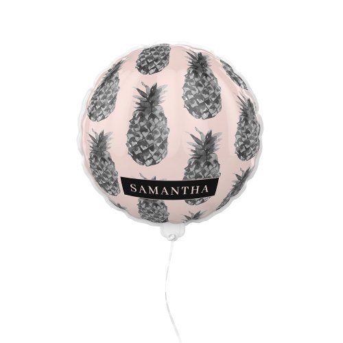 Tropical Grey  Pink Pineapple Pattern With Name Balloon