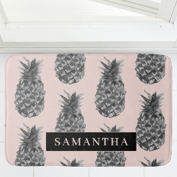 Tropical Grey &amp; Pink Pineapple Pattern With Name Bath Mat